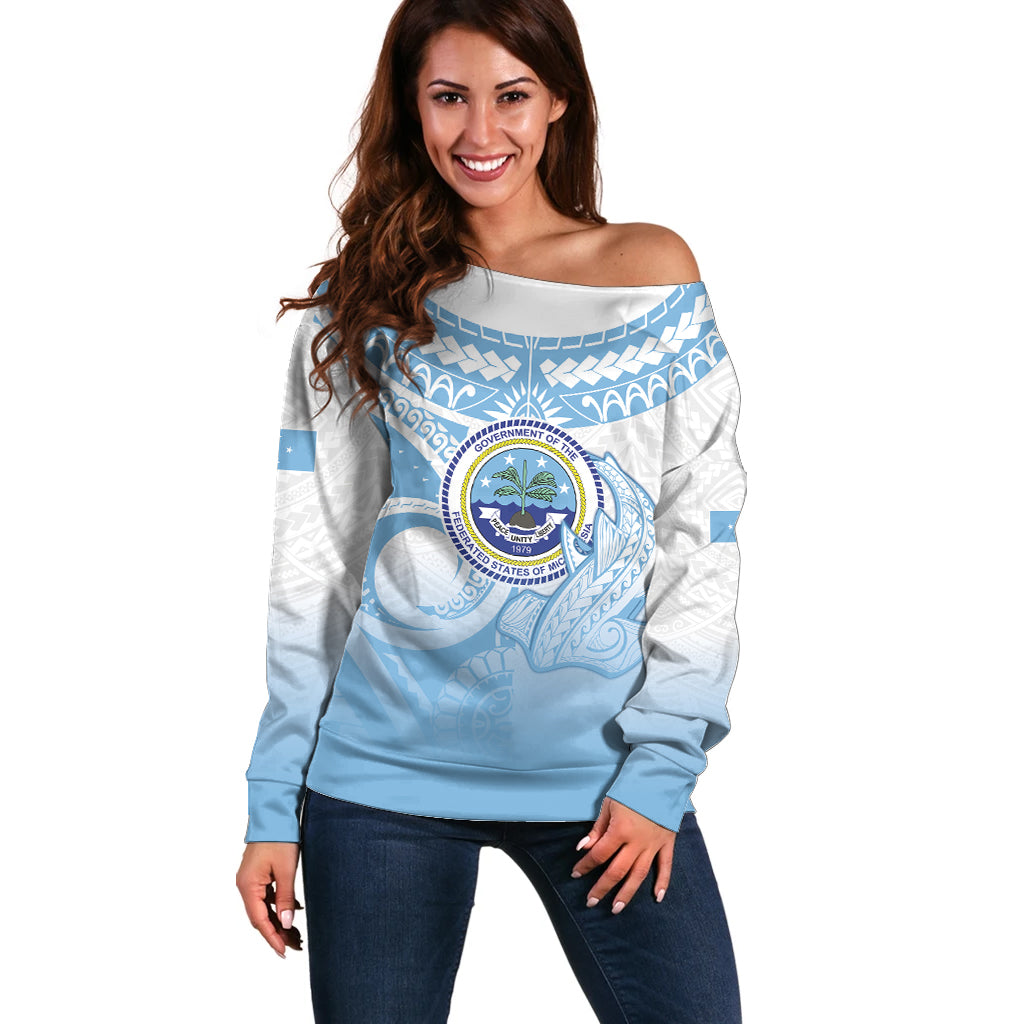 Micronesia Constitution Day Off Shoulder Sweater Polynesian Tribal Tattoo Simple Style LT05 Women Blue - Polynesian Pride