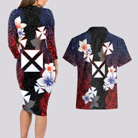 Wallis and Futuna Uvea Couples Matching Long Sleeve Bodycon Dress and Hawaiian Shirt Victory Day With Frangipani