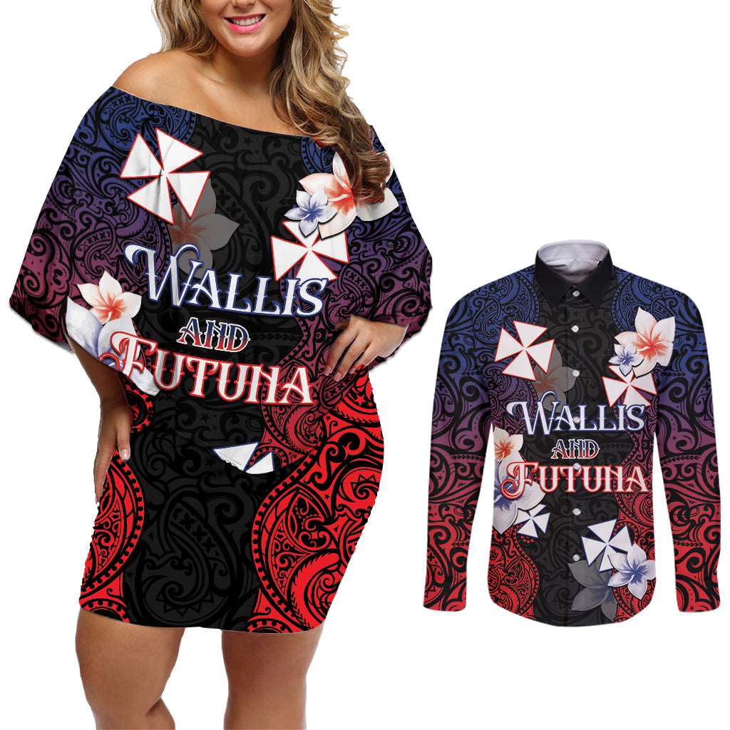 Wallis and Futuna Uvea Couples Matching Off Shoulder Short Dress and Long Sleeve Button Shirt Victory Day With Frangipani