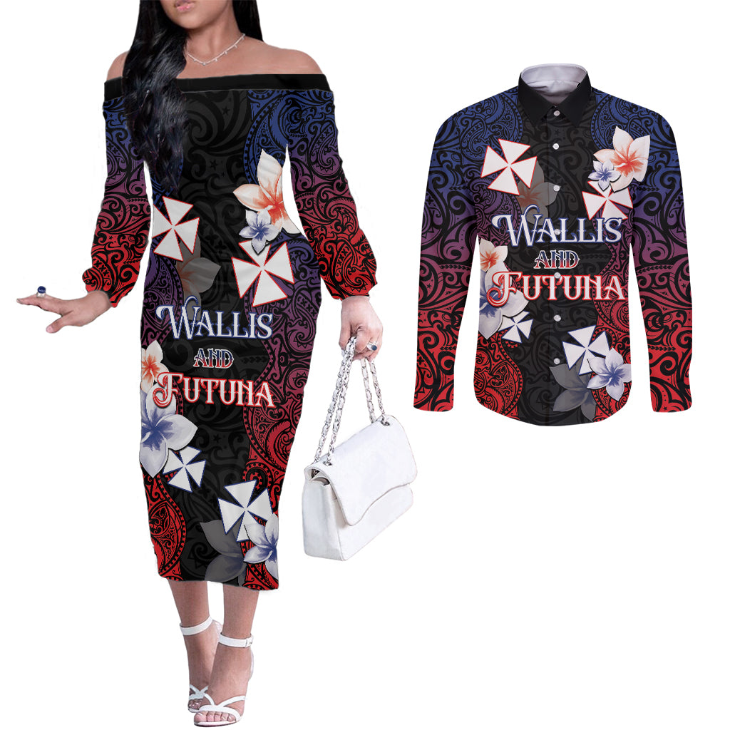 Wallis and Futuna Uvea Couples Matching Off The Shoulder Long Sleeve Dress and Long Sleeve Button Shirt Victory Day With Frangipani LT05 Black - Polynesian Pride