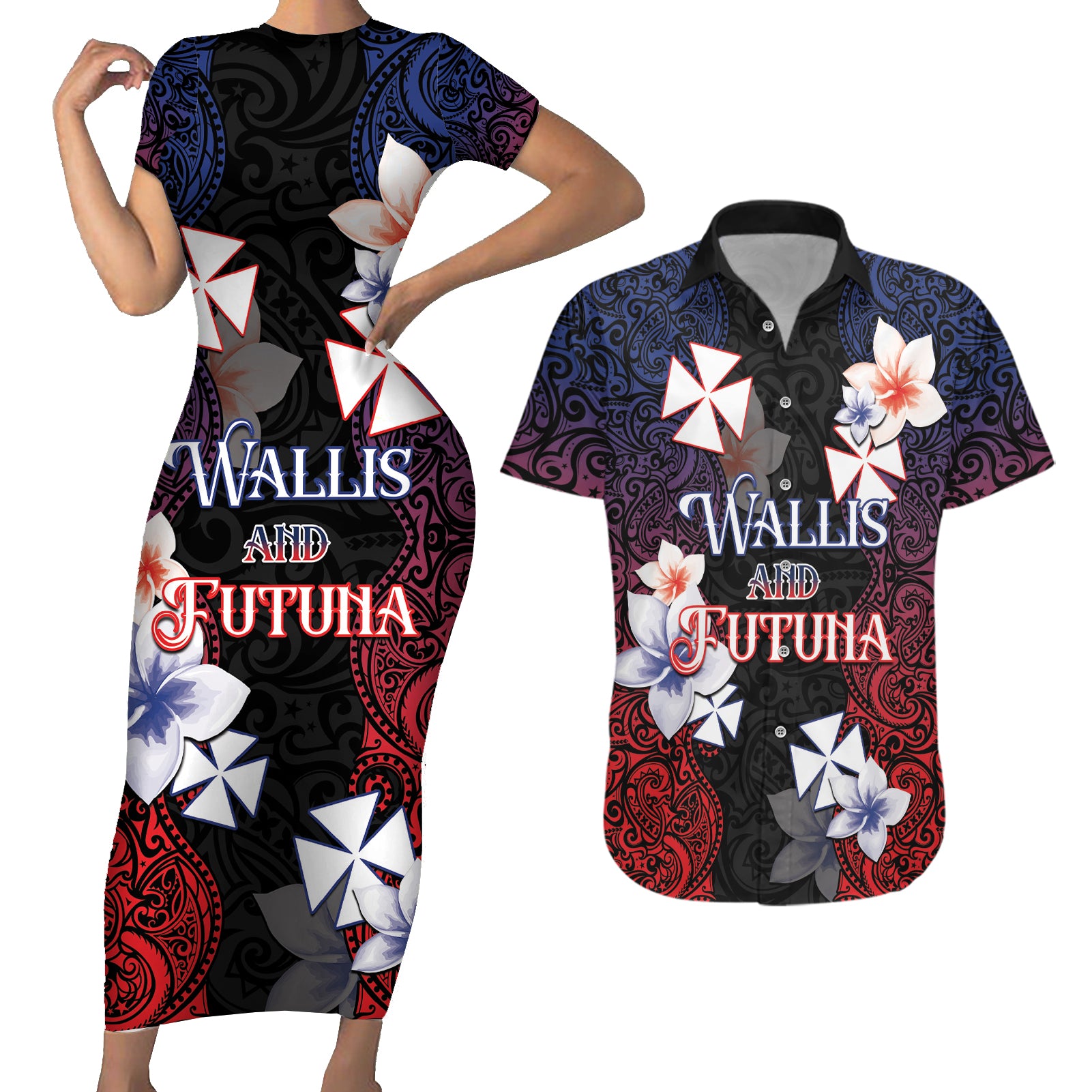 Wallis and Futuna Uvea Couples Matching Short Sleeve Bodycon Dress and Hawaiian Shirt Victory Day With Frangipani