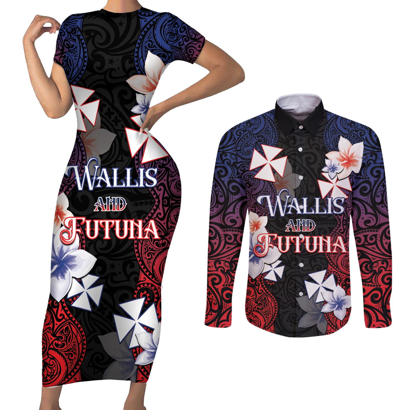 Wallis and Futuna Uvea Couples Matching Short Sleeve Bodycon Dress and Long Sleeve Button Shirt Victory Day With Frangipani LT05 Black - Polynesian Pride