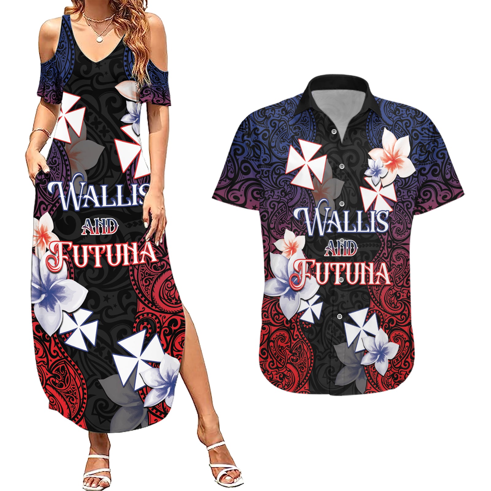 Wallis and Futuna Uvea Couples Matching Summer Maxi Dress and Hawaiian Shirt Victory Day With Frangipani