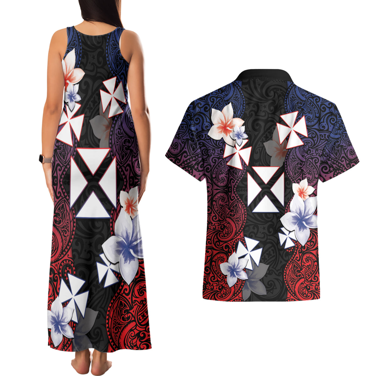 Wallis and Futuna Uvea Couples Matching Tank Maxi Dress and Hawaiian Shirt Victory Day With Frangipani