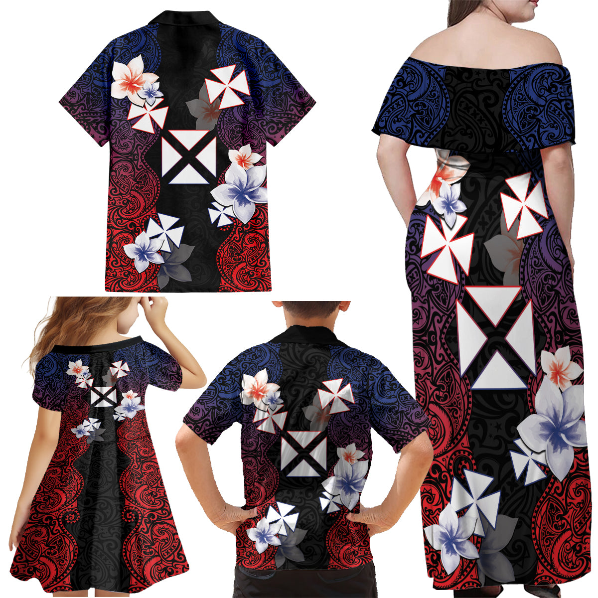 Wallis and Futuna Uvea Family Matching Off Shoulder Maxi Dress and Hawaiian Shirt Victory Day With Frangipani