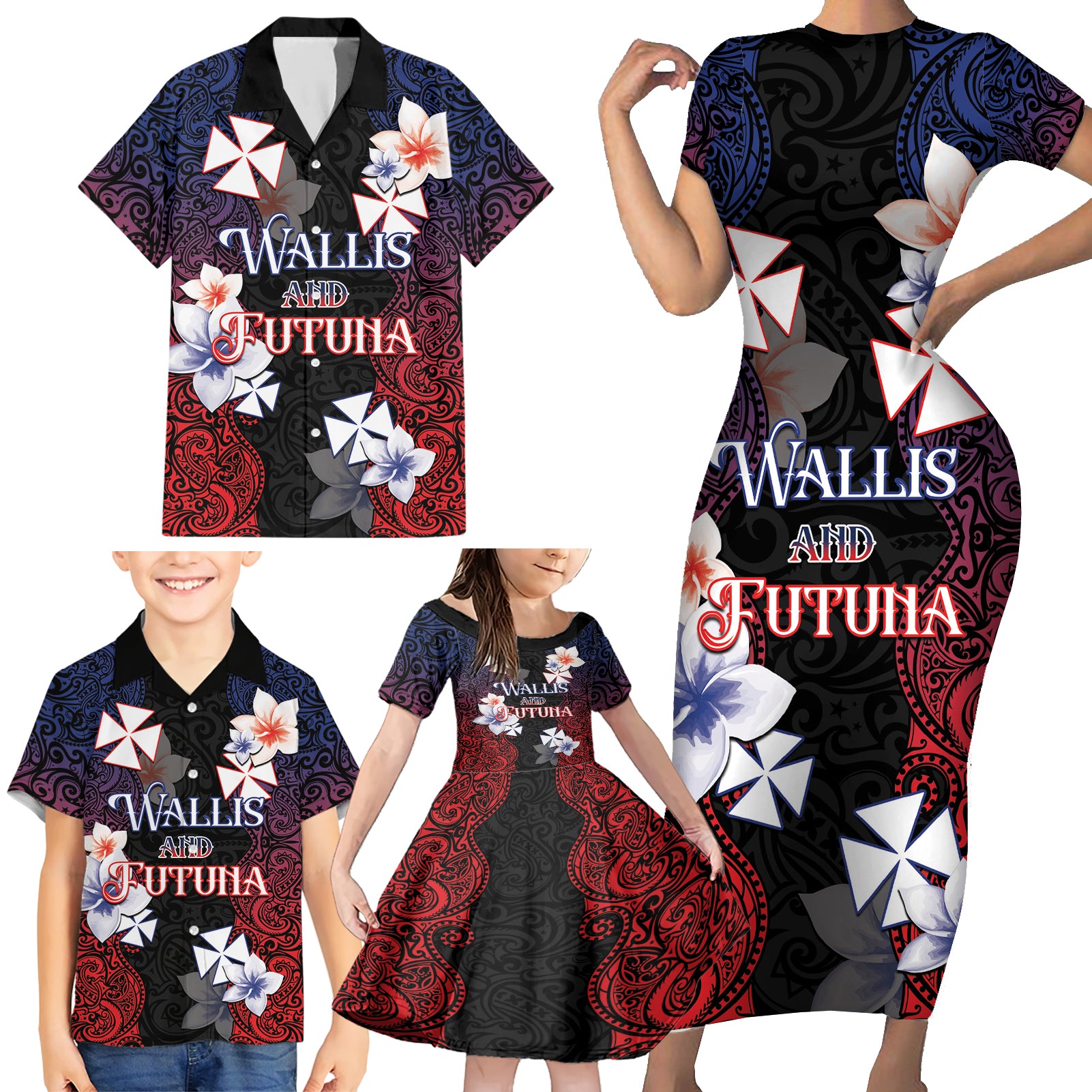 Wallis and Futuna Uvea Family Matching Short Sleeve Bodycon Dress and Hawaiian Shirt Victory Day With Frangipani