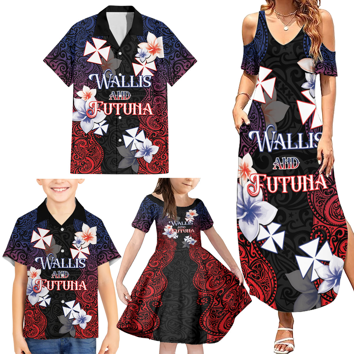 Wallis and Futuna Uvea Family Matching Summer Maxi Dress and Hawaiian Shirt Victory Day With Frangipani