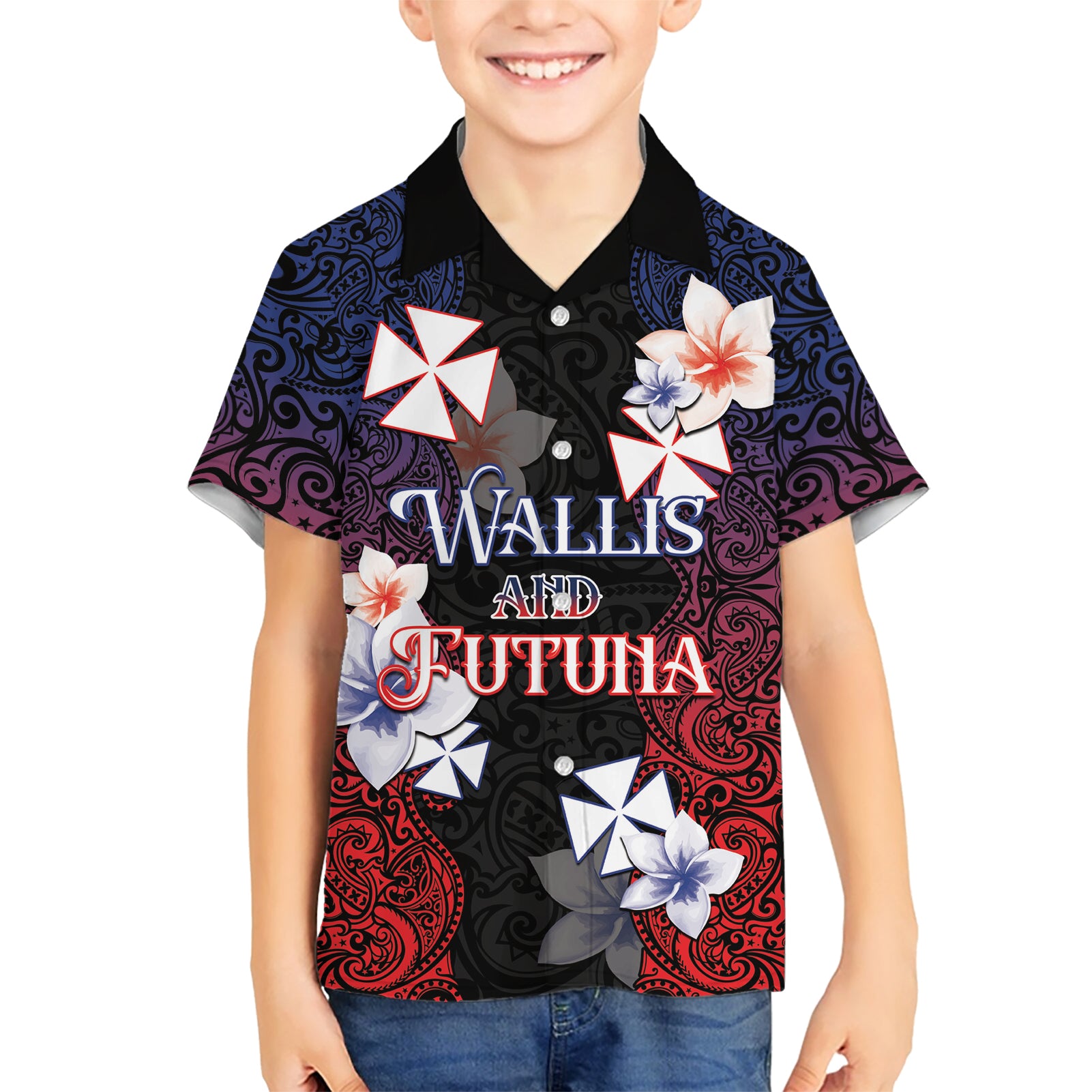 Wallis and Futuna Uvea Kid Hawaiian Shirt Victory Day With Frangipani
