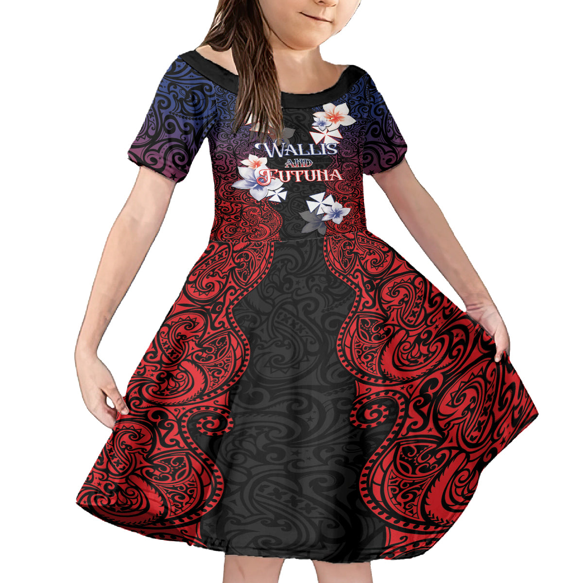 Wallis and Futuna Uvea Kid Short Sleeve Dress Victory Day With Frangipani LT05 KID Black - Polynesian Pride