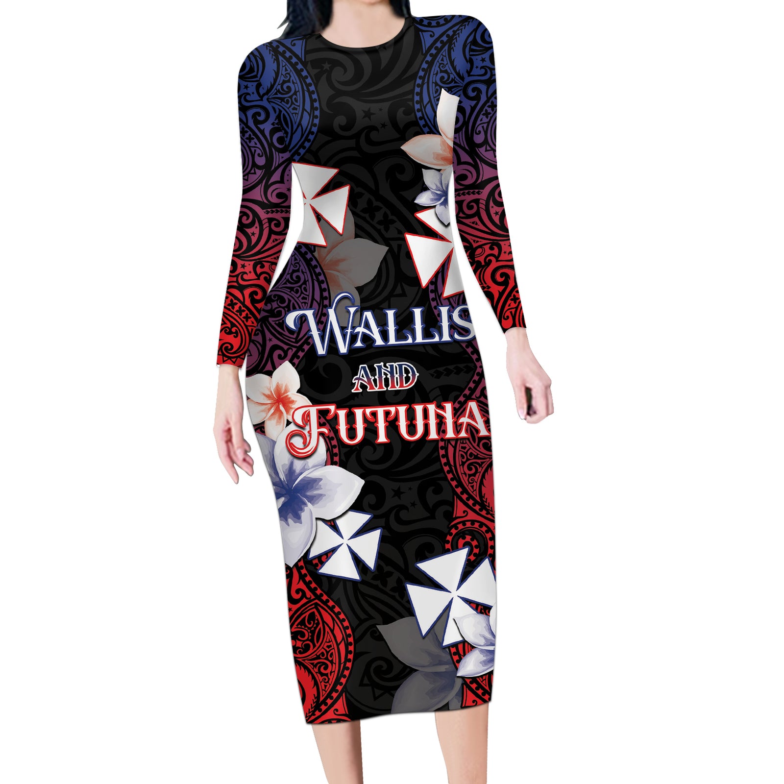 Wallis and Futuna Uvea Long Sleeve Bodycon Dress Victory Day With Frangipani LT05 Long Dress Black - Polynesian Pride