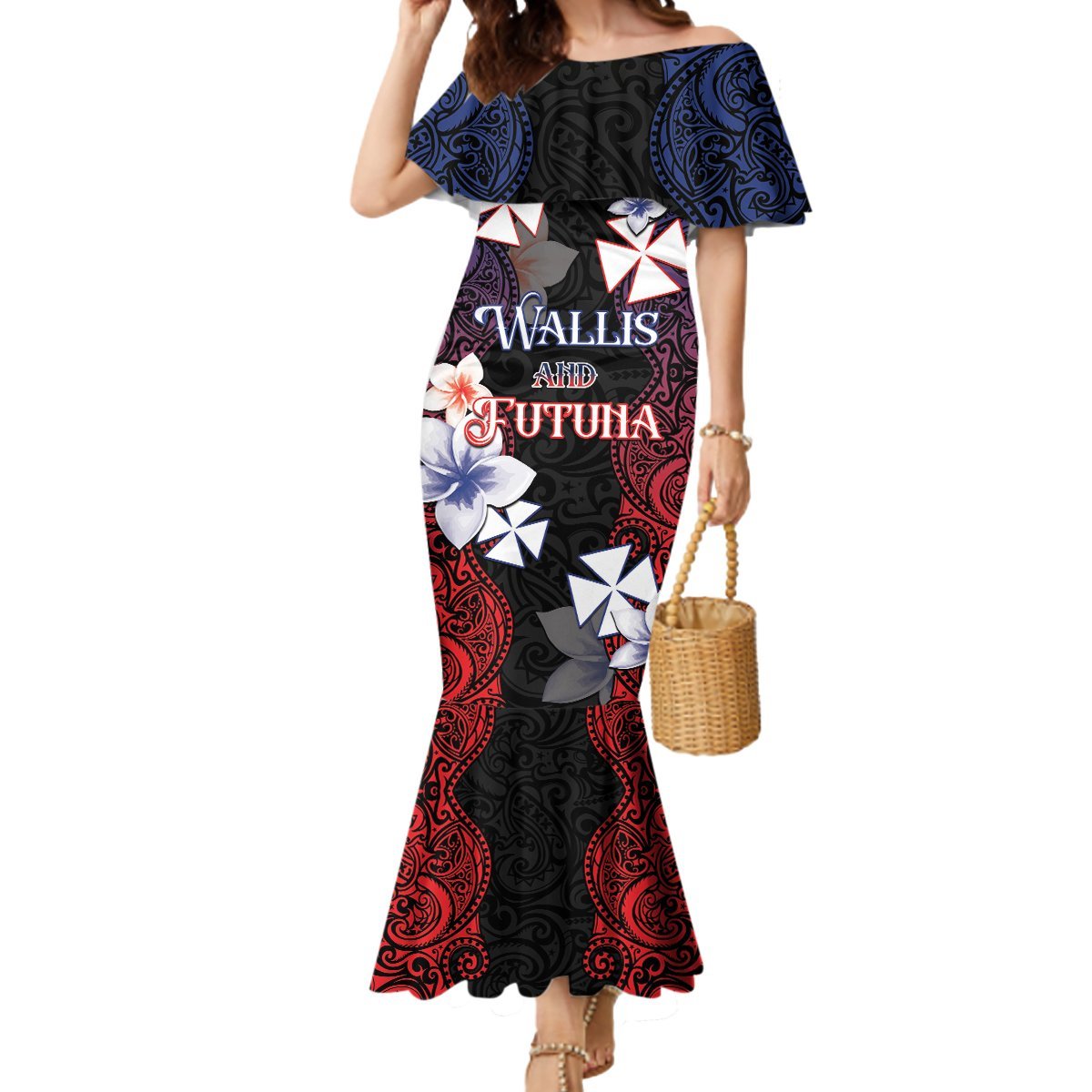 Wallis and Futuna Uvea Mermaid Dress Victory Day With Frangipani LT05 Women Black - Polynesian Pride