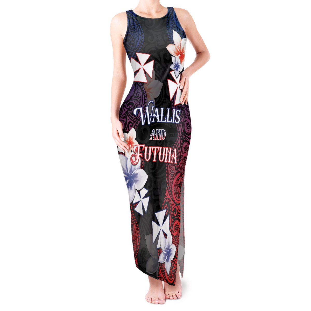 Wallis and Futuna Uvea Tank Maxi Dress Victory Day With Frangipani LT05 Women Black - Polynesian Pride