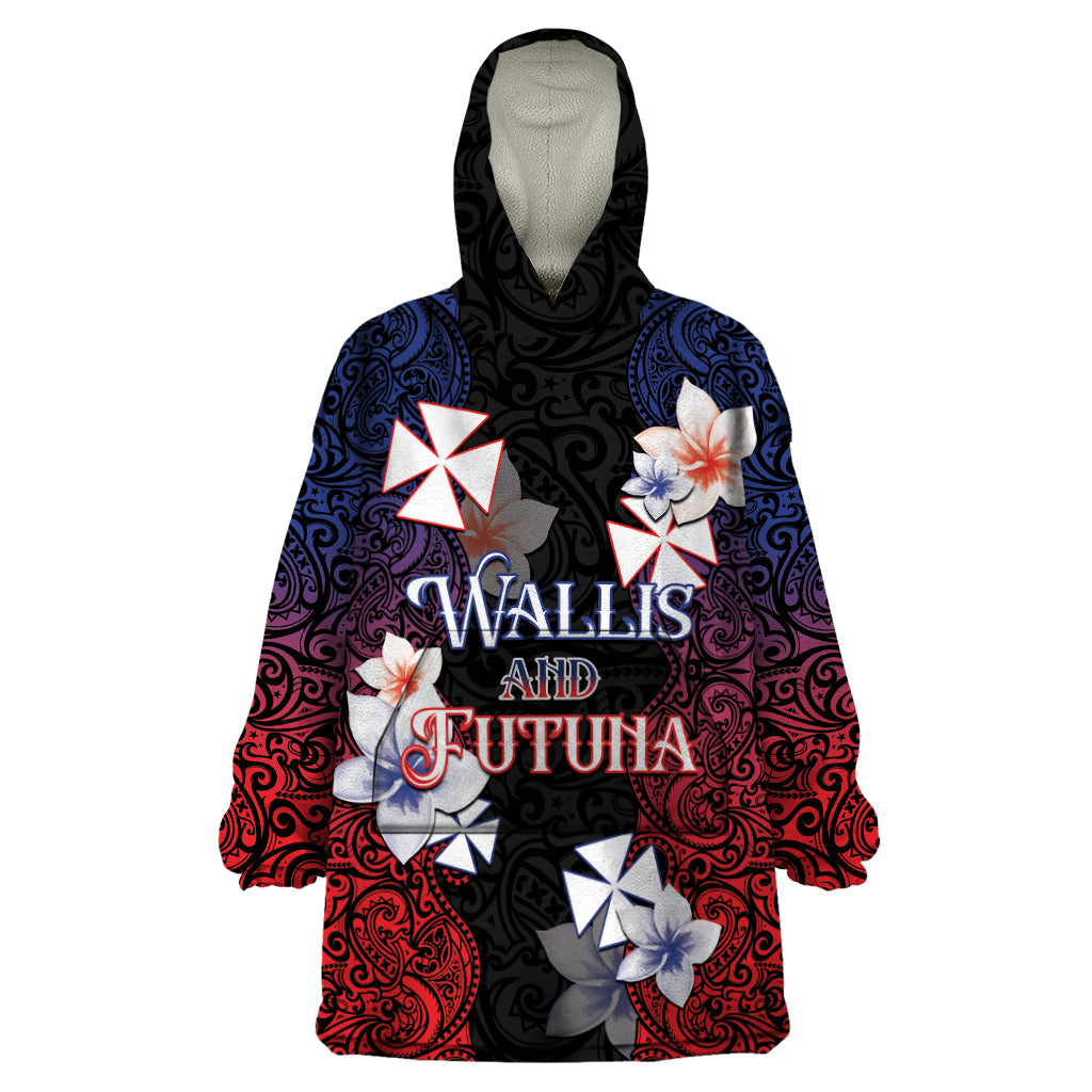 Wallis and Futuna Uvea Wearable Blanket Hoodie Victory Day With Frangipani LT05 One Size Black - Polynesian Pride
