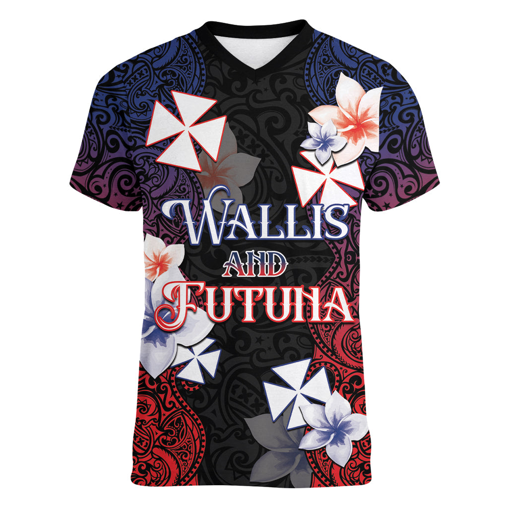Wallis and Futuna Uvea Women V-Neck T-Shirt Victory Day With Frangipani