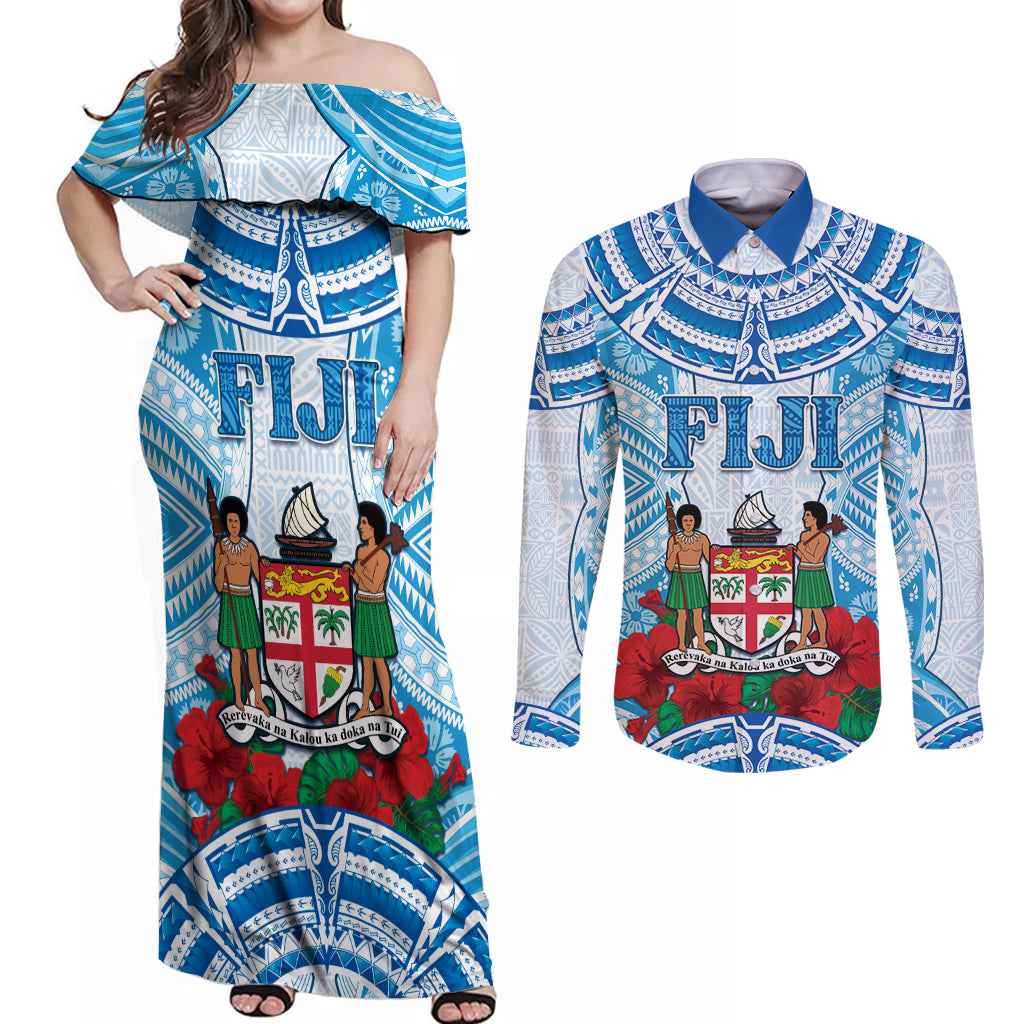 Personalised Fiji Ratu Sir Lala Sukuna Day Couples Matching Off Shoulder Maxi Dress and Long Sleeve Button Shirt Hibiscus Tapa Pattern