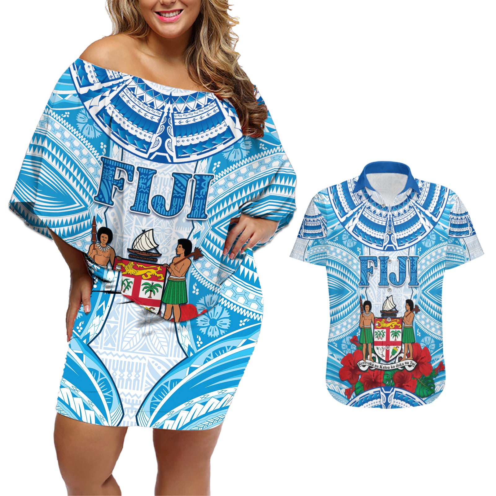 Personalised Fiji Ratu Sir Lala Sukuna Day Couples Matching Off Shoulder Short Dress and Hawaiian Shirt Hibiscus Tapa Pattern