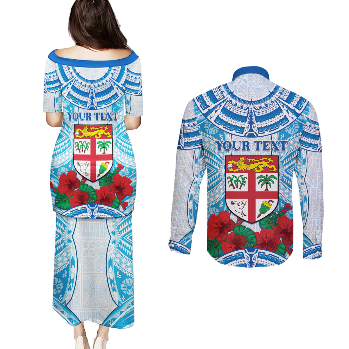 Personalised Fiji Ratu Sir Lala Sukuna Day Couples Matching Puletasi and Long Sleeve Button Shirt Hibiscus Tapa Pattern