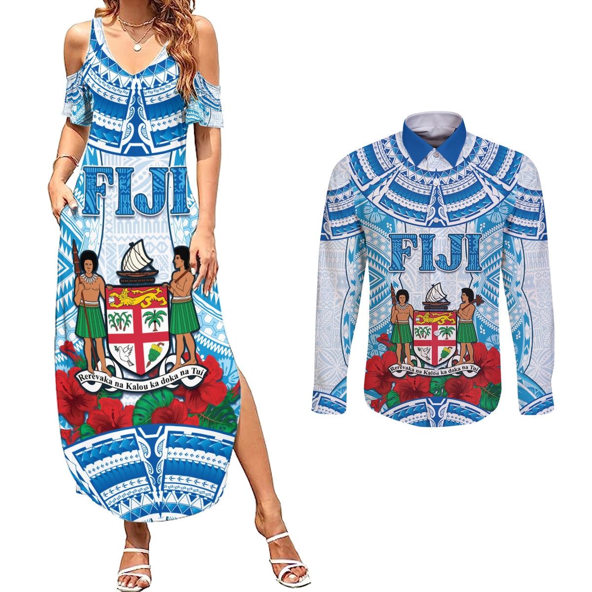 Personalised Fiji Ratu Sir Lala Sukuna Day Couples Matching Summer Maxi Dress and Long Sleeve Button Shirt Hibiscus Tapa Pattern