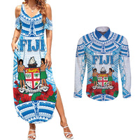 Personalised Fiji Ratu Sir Lala Sukuna Day Couples Matching Summer Maxi Dress and Long Sleeve Button Shirt Hibiscus Tapa Pattern