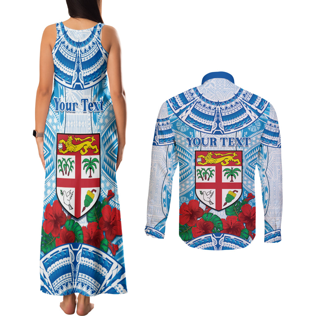 Personalised Fiji Ratu Sir Lala Sukuna Day Couples Matching Tank Maxi Dress and Long Sleeve Button Shirt Hibiscus Tapa Pattern