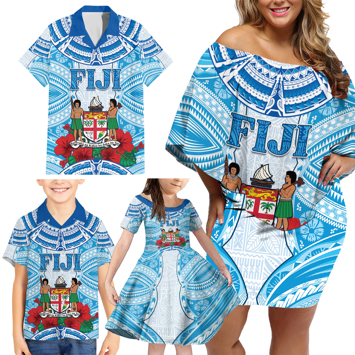 Personalised Fiji Ratu Sir Lala Sukuna Day Family Matching Off Shoulder Short Dress and Hawaiian Shirt Hibiscus Tapa Pattern
