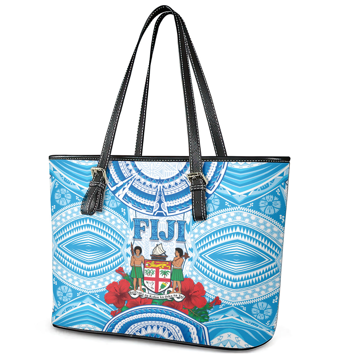 Fiji Ratu Sir Lala Sukuna Day Leather Tote Bag Hibiscus Tapa Pattern