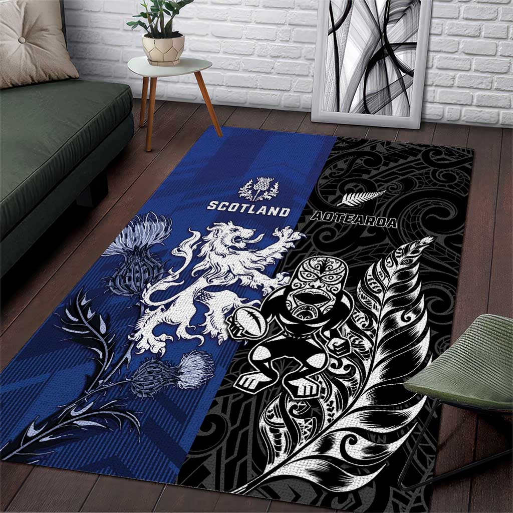 New Zealand And Scotland Rugby Area Rug Maori Tiki With Thistle Together