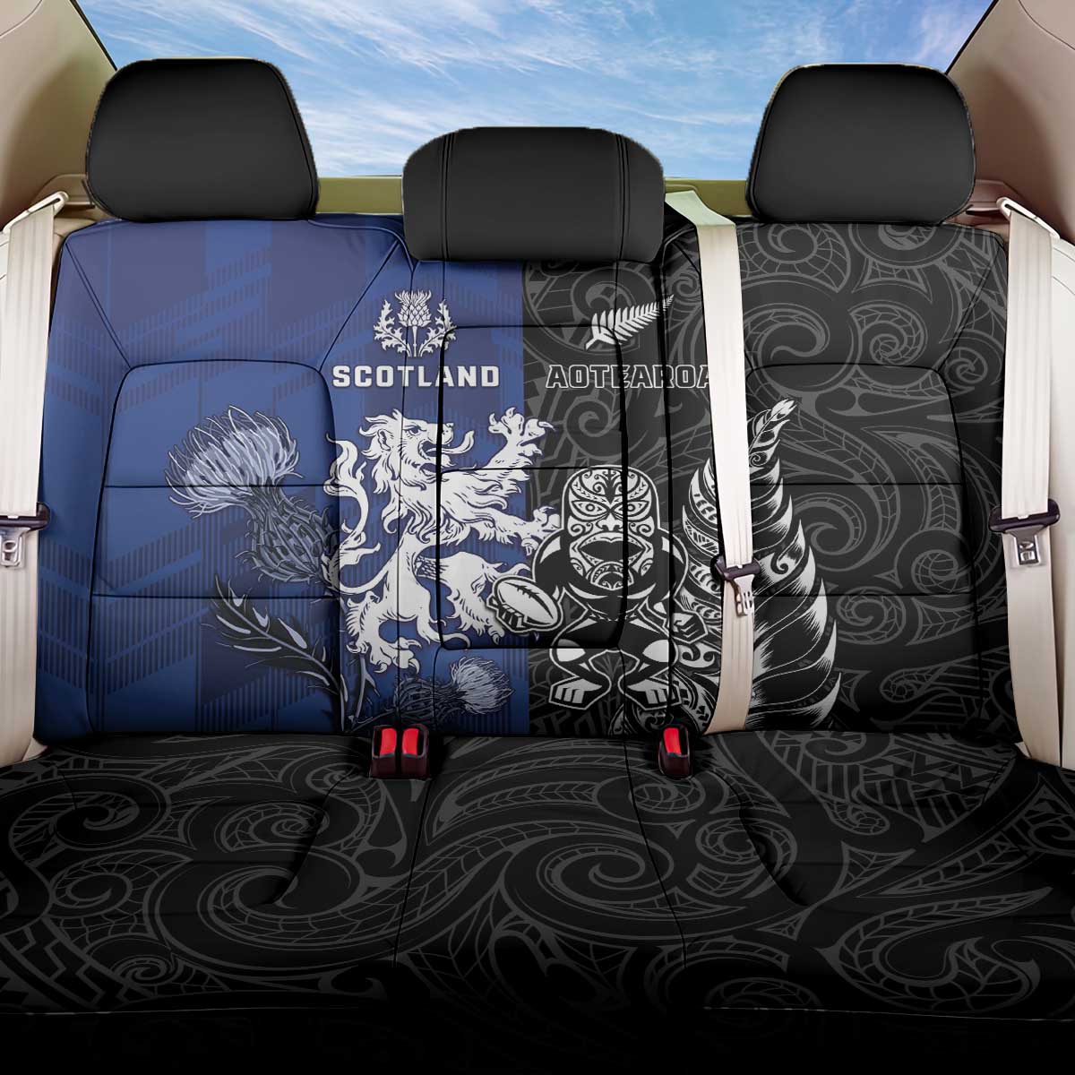 New Zealand And Scotland Rugby Back Car Seat Cover Maori Tiki With Thistle Together