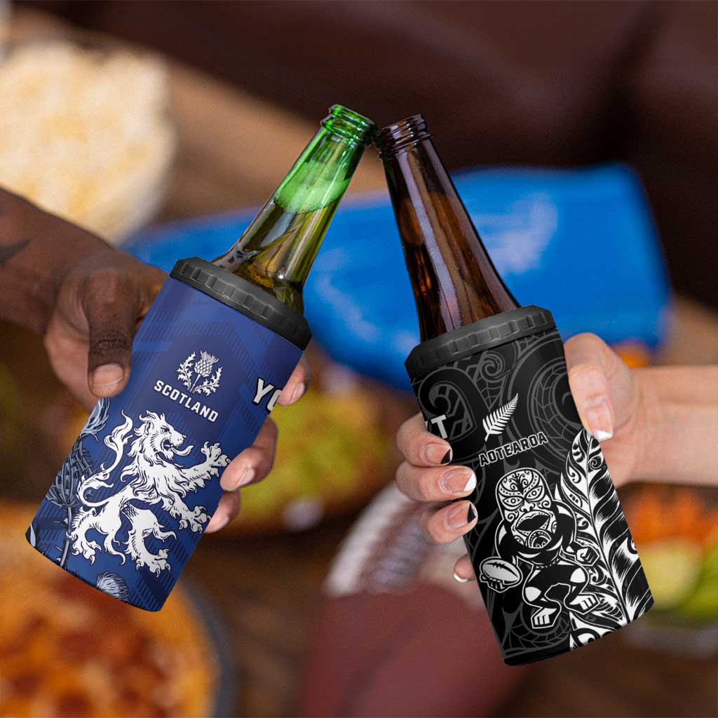 New Zealand And Scotland Rugby Custom 4 in 1 Can Cooler Tumbler Maori Tiki With Thistle Together