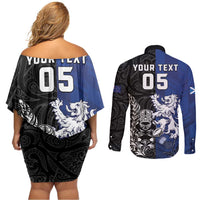 New Zealand And Scotland Rugby Custom Couples Matching Off Shoulder Short Dress and Long Sleeve Button Shirt Maori Tiki With Thistle Together