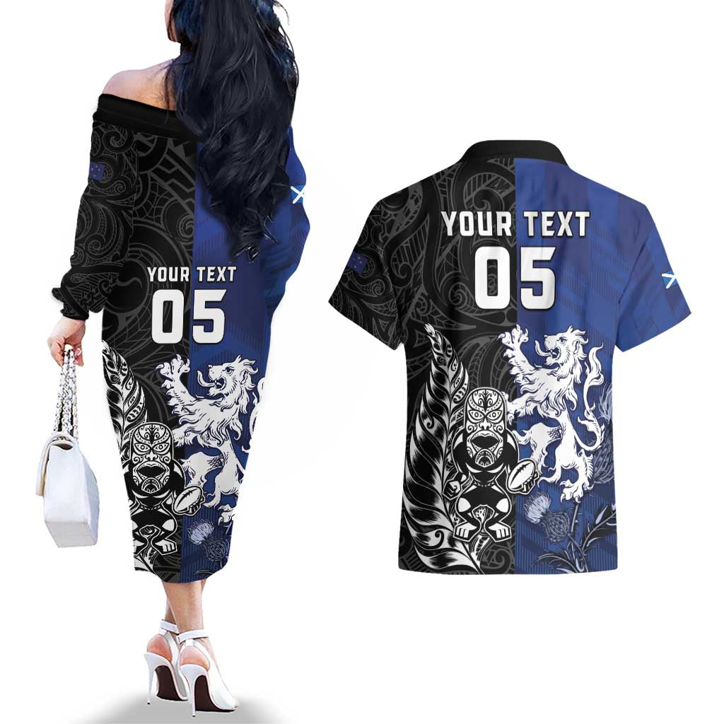 New Zealand And Scotland Rugby Custom Couples Matching Off The Shoulder Long Sleeve Dress and Hawaiian Shirt Maori Tiki With Thistle Together