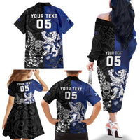 New Zealand And Scotland Rugby Custom Family Matching Off The Shoulder Long Sleeve Dress and Hawaiian Shirt Maori Tiki With Thistle Together