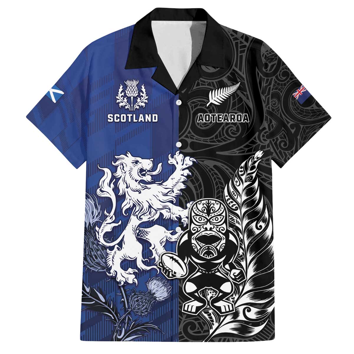 New Zealand And Scotland Rugby Custom Family Matching Off The Shoulder Long Sleeve Dress and Hawaiian Shirt Maori Tiki With Thistle Together
