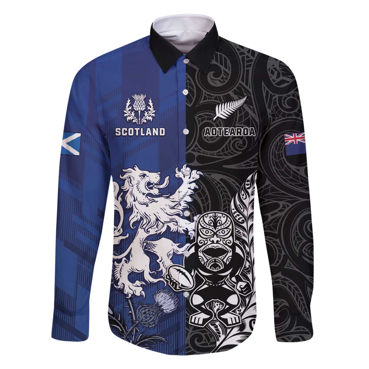 New Zealand And Scotland Rugby Custom Family Matching Off The Shoulder Long Sleeve Dress and Hawaiian Shirt Maori Tiki With Thistle Together