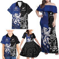 New Zealand And Scotland Rugby Custom Family Matching Off Shoulder Maxi Dress and Hawaiian Shirt Maori Tiki With Thistle Together