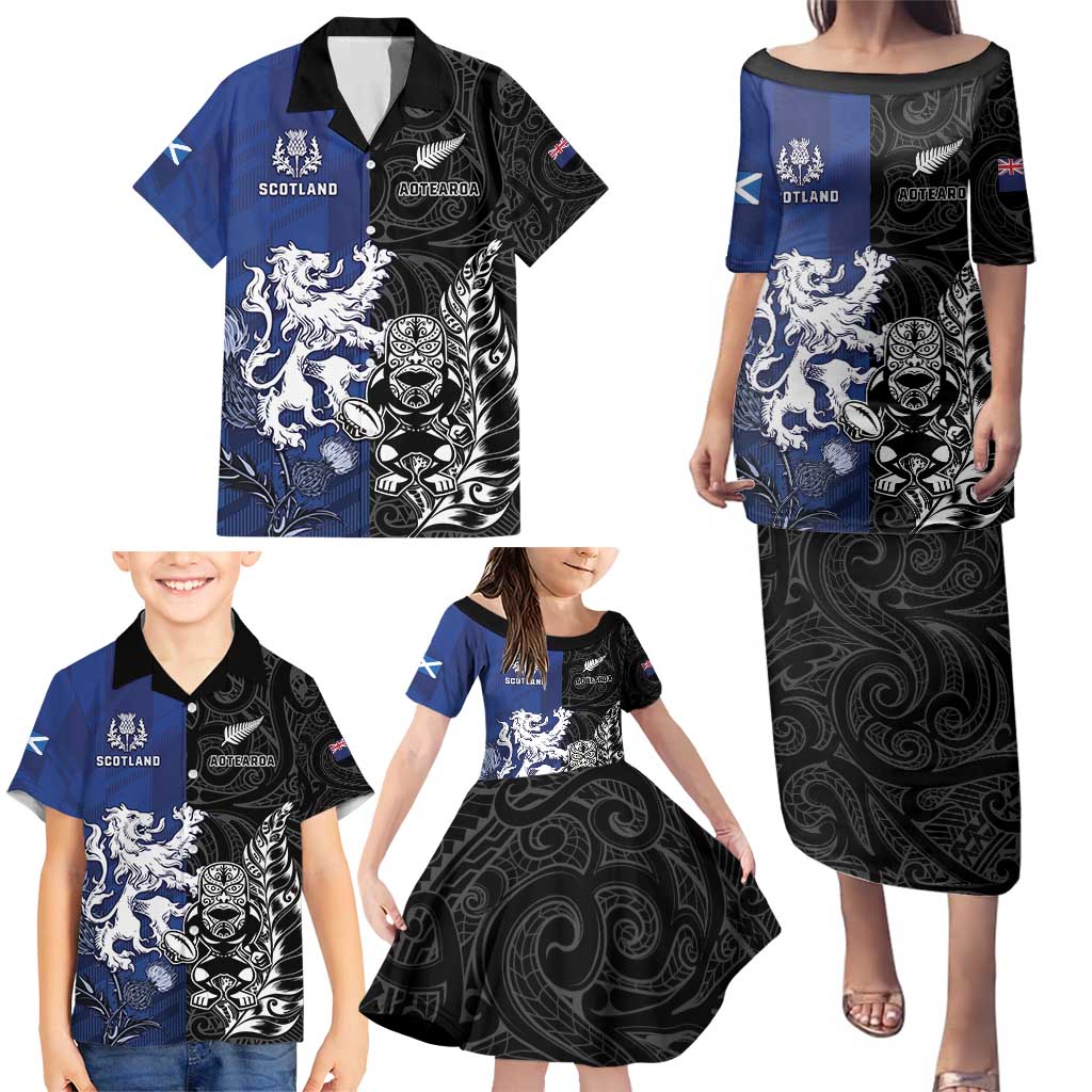 New Zealand And Scotland Rugby Custom Family Matching Puletasi and Hawaiian Shirt Maori Tiki With Thistle Together