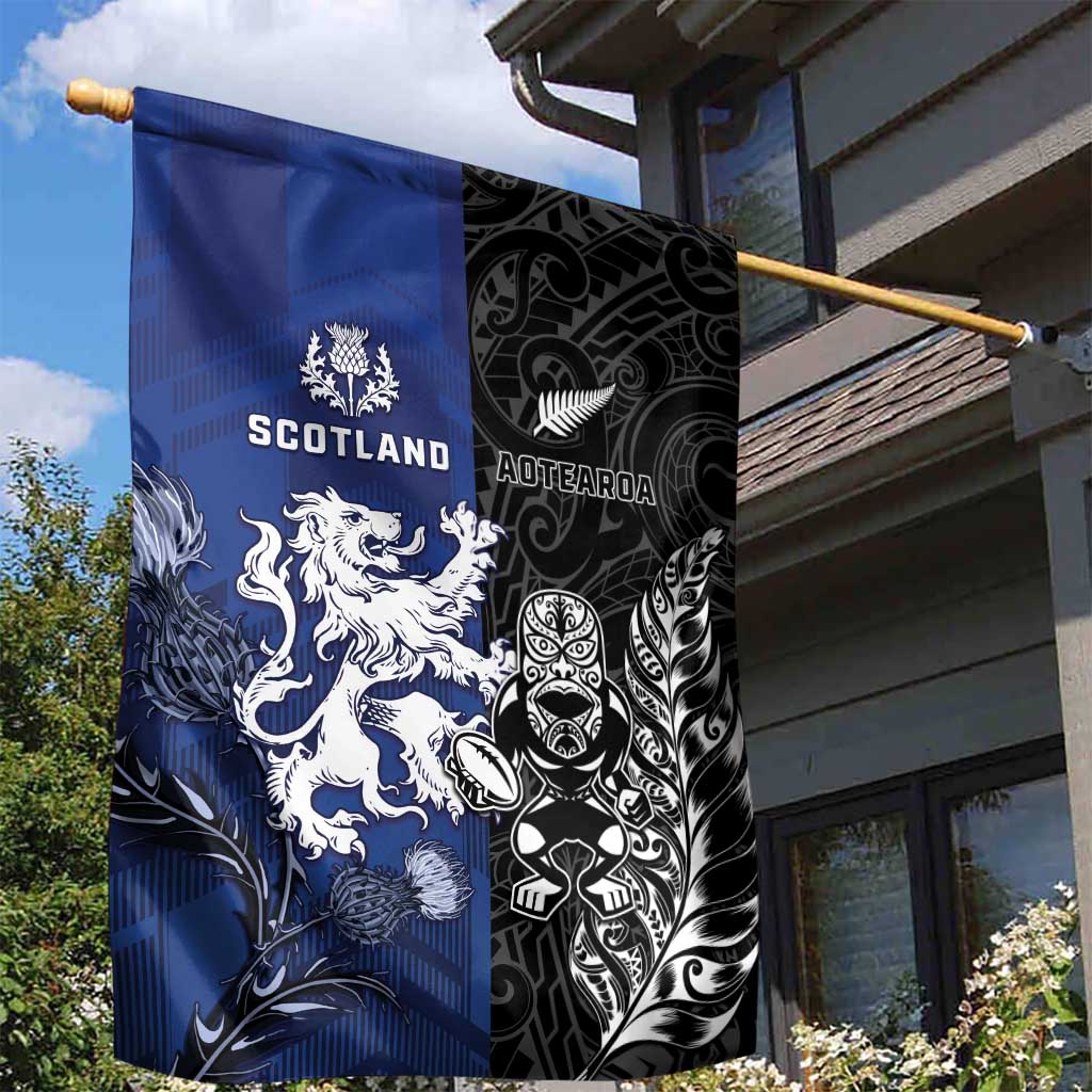 New Zealand And Scotland Rugby Garden Flag Maori Tiki With Thistle Together