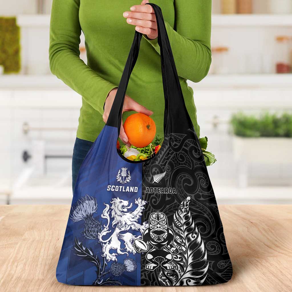New Zealand And Scotland Rugby Grocery Bag Maori Tiki With Thistle Together