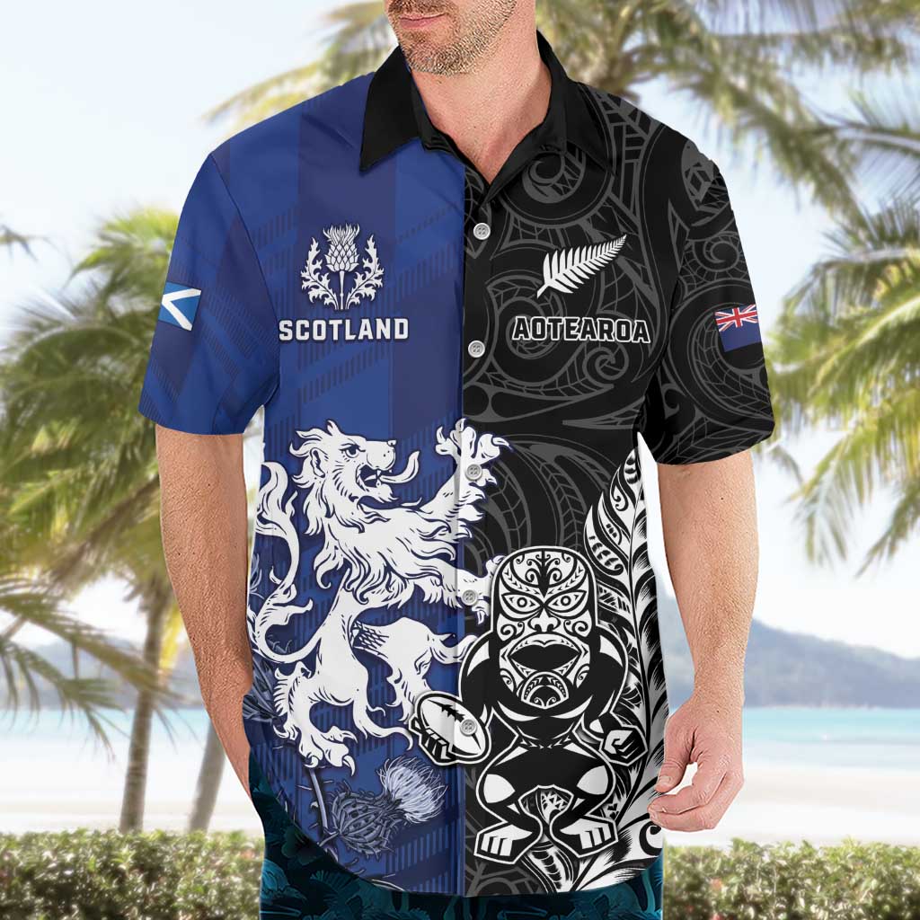 New Zealand And Scotland Rugby Custom Hawaiian Shirt Maori Tiki With Thistle Together