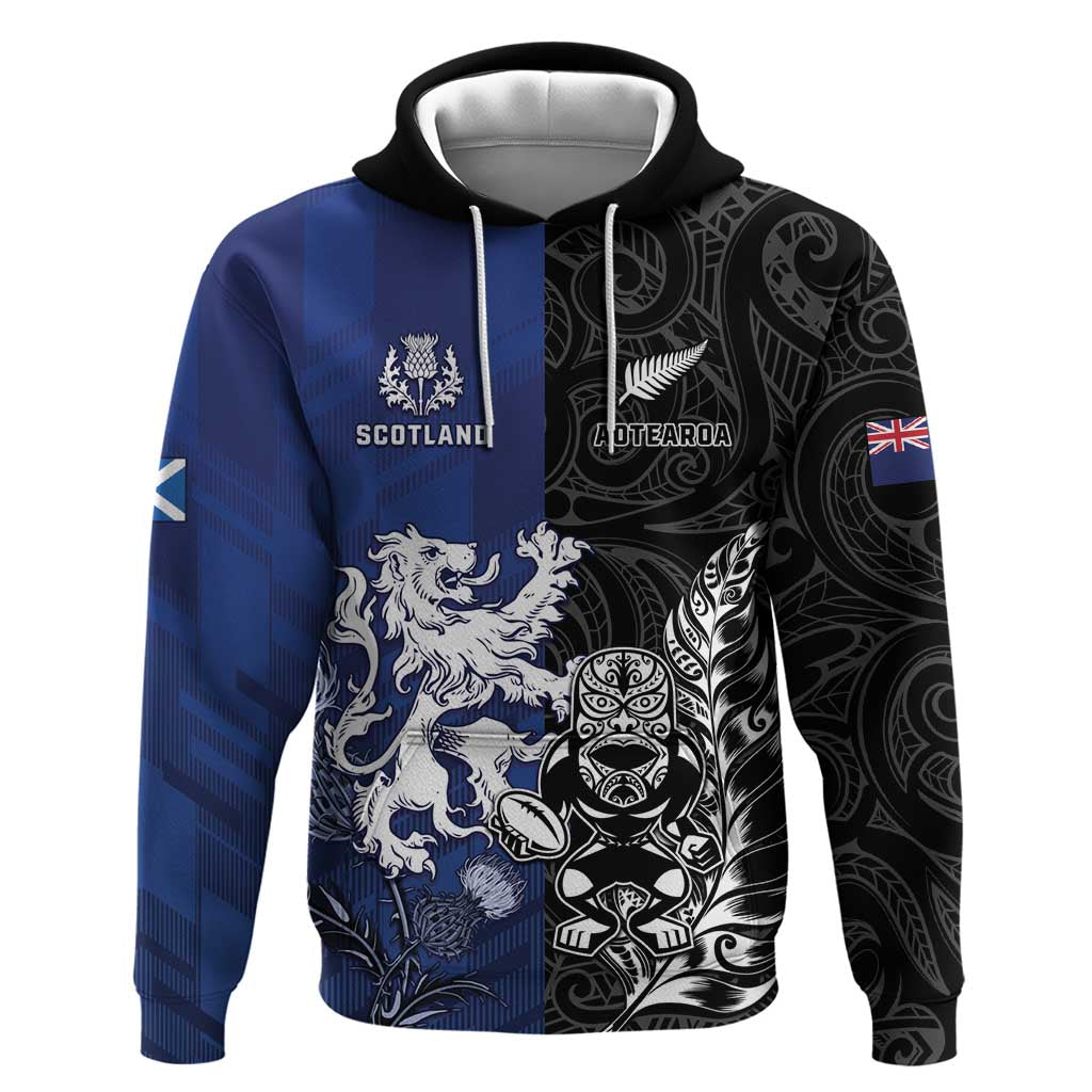 New Zealand And Scotland Rugby Custom Hoodie Maori Tiki With Thistle Together