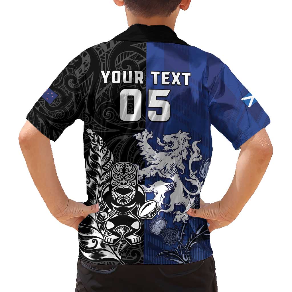 New Zealand And Scotland Rugby Custom Kid Hawaiian Shirt Maori Tiki With Thistle Together