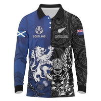 New Zealand And Scotland Rugby Custom Long Sleeve Polo Shirt Maori Tiki With Thistle Together