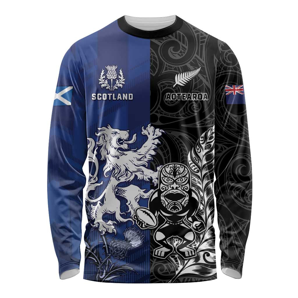 New Zealand And Scotland Rugby Custom Long Sleeve Shirt Maori Tiki With Thistle Together