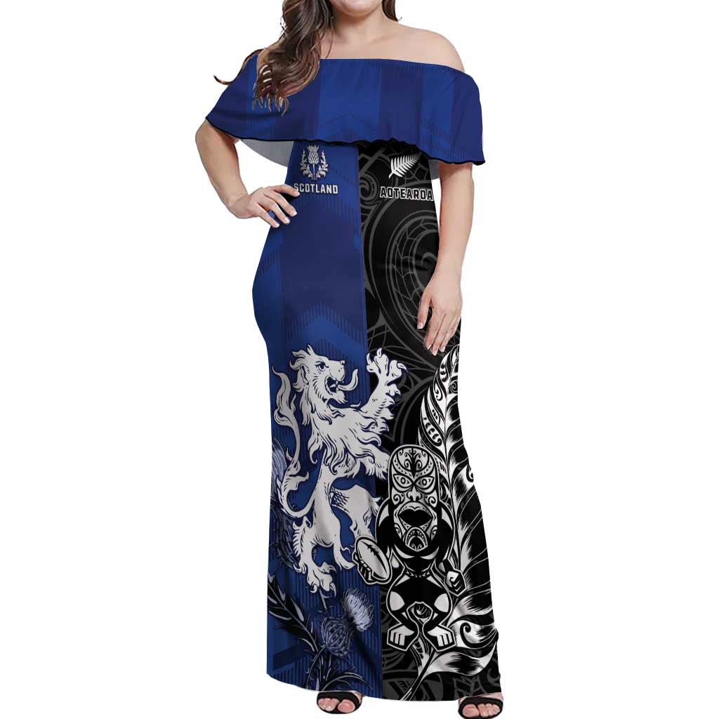 New Zealand And Scotland Rugby Custom Off Shoulder Maxi Dress Maori Tiki With Thistle Together