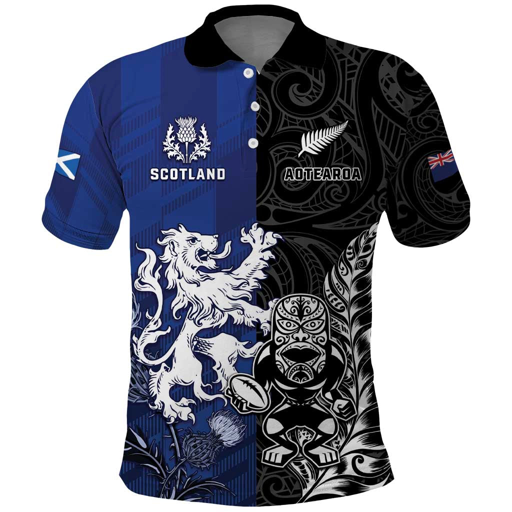 New Zealand And Scotland Rugby Custom Polo Shirt Maori Tiki With Thistle Together LT05 Black - Polynesian Pride