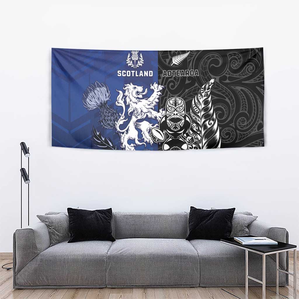 New Zealand And Scotland Rugby Tapestry Maori Tiki With Thistle Together