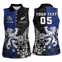 New Zealand And Scotland Rugby Custom Women Sleeveless Polo Shirt Maori Tiki With Thistle Together