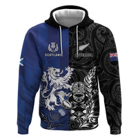 New Zealand And Scotland Rugby Custom Zip Hoodie Maori Tiki With Thistle Together