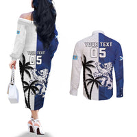 Fiji And Scotland Rugby Custom Couples Matching Off The Shoulder Long Sleeve Dress and Long Sleeve Button Shirt Fijian Palm Tree With Thistle Together