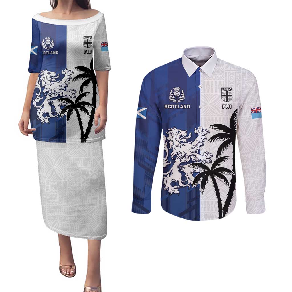Fiji And Scotland Rugby Custom Couples Matching Puletasi and Long Sleeve Button Shirt Fijian Palm Tree With Thistle Together